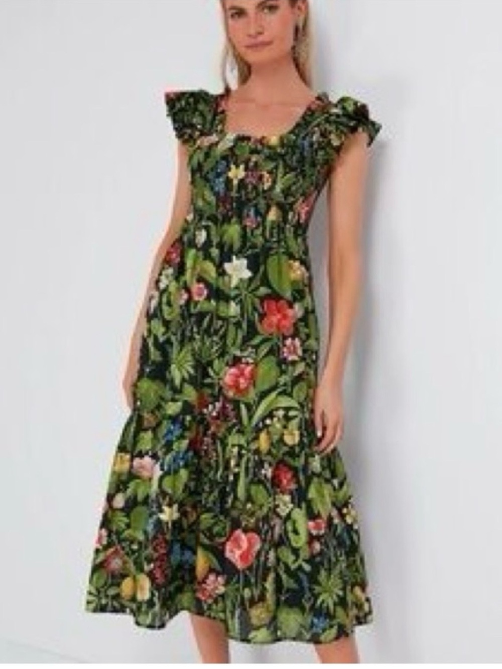 Tuckernuck Green Floral Ruffle-Shoulder Mallie Dress